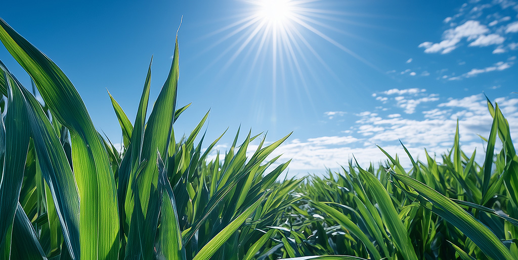 Maisfeld mir blauem Himmel.